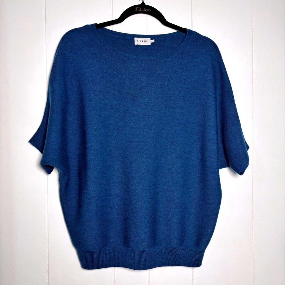 R Label Blue‎ 100% Wool Dolman Sleeve Sweater Sz S/M Quiet Luxury Minimalist